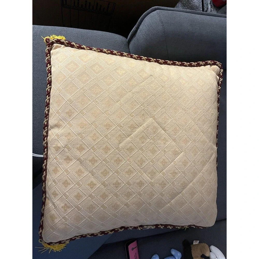 Yellow Decorative Pillow with Diamond Pattern, Tassels and Rope Trim